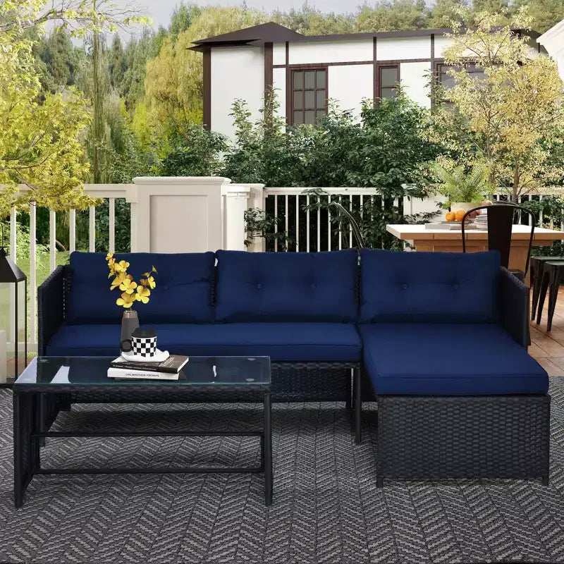 Set di mobili da giardino da 3 pezzi, set divano da esterno in rattan con chaise longue e divanetto, morbidi cuscini, tavolo in vetro temperato, divano angolare a L