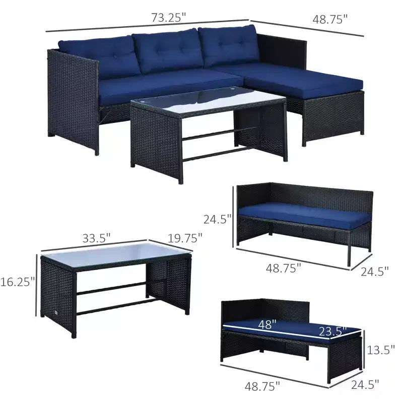 Set di mobili da giardino da 3 pezzi, set divano da esterno in rattan con chaise longue e divanetto, morbidi cuscini, tavolo in vetro temperato, divano angolare a L