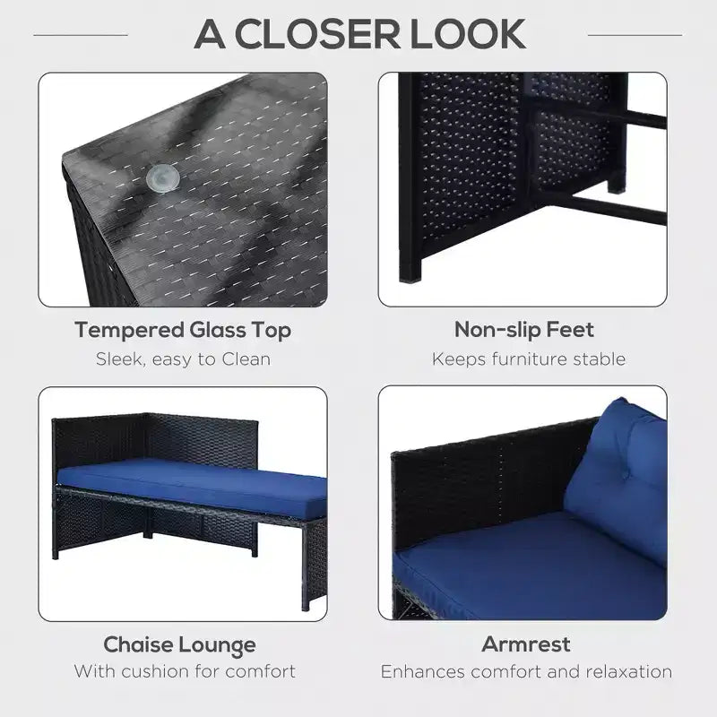 Set di mobili da giardino da 3 pezzi, set divano da esterno in rattan con chaise longue e divanetto, morbidi cuscini, tavolo in vetro temperato, divano angolare a L