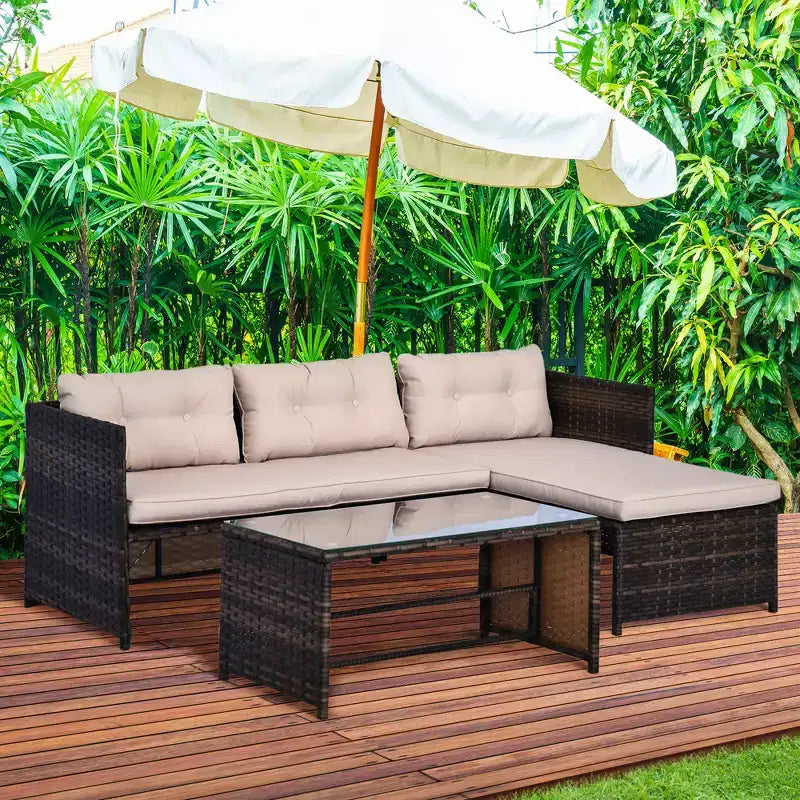 Set di mobili da giardino da 3 pezzi, set divano da esterno in rattan con chaise longue e divanetto, morbidi cuscini, tavolo in vetro temperato, divano angolare a L