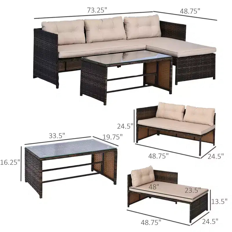 Set di mobili da giardino da 3 pezzi, set divano da esterno in rattan con chaise longue e divanetto, morbidi cuscini, tavolo in vetro temperato, divano angolare a L