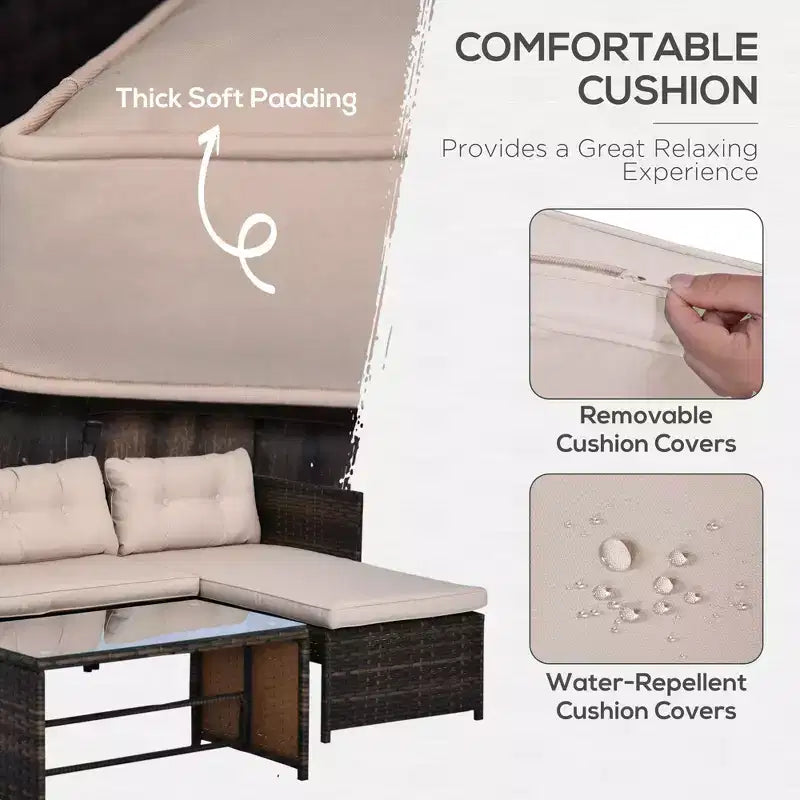 Set di mobili da giardino da 3 pezzi, set divano da esterno in rattan con chaise longue e divanetto, morbidi cuscini, tavolo in vetro temperato, divano angolare a L