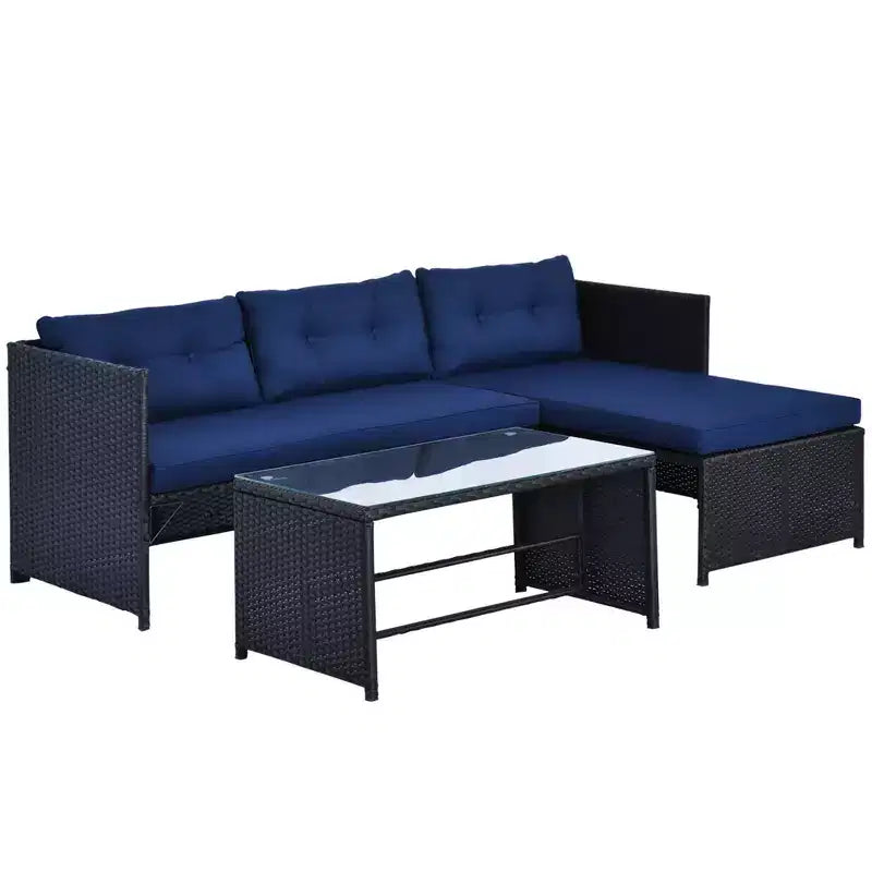 Set di mobili da giardino da 3 pezzi, set divano da esterno in rattan con chaise longue e divanetto, morbidi cuscini, tavolo in vetro temperato, divano angolare a L