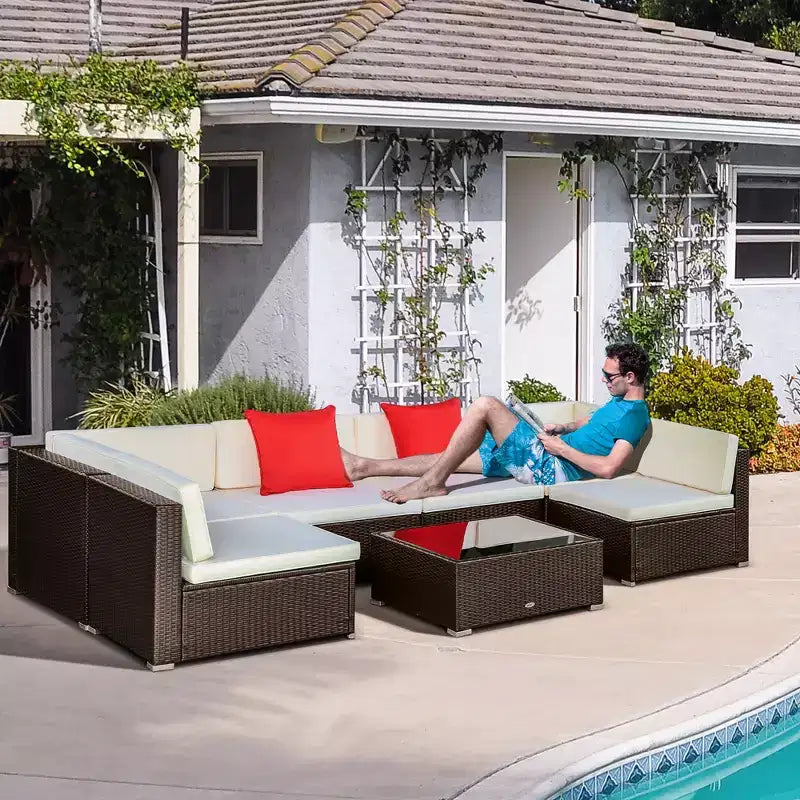 Set di mobili da patio da esterno in 7 pezzi, set divano sezionale in vimini in rattan PE con cuscini per divano, cuscini decorativi e tavolino da caffè