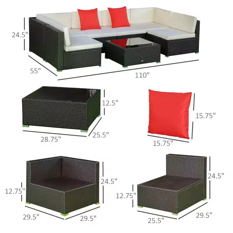 Set di mobili da patio da esterno in 7 pezzi, set divano sezionale in vimini in rattan PE con cuscini per divano, cuscini decorativi e tavolino da caffè