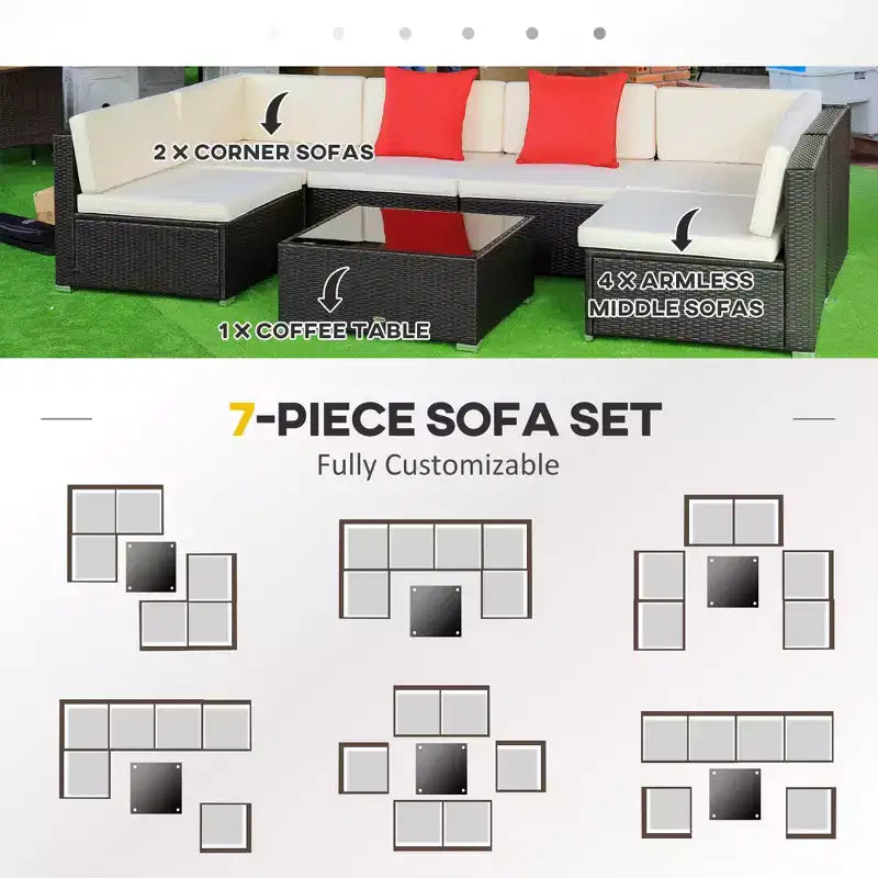 Set di mobili da patio da esterno in 7 pezzi, set divano sezionale in vimini in rattan PE con cuscini per divano, cuscini decorativi e tavolino da caffè