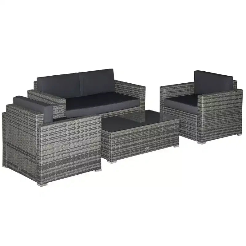 4 Piece Wicker Patio Furniture Set with Cushions, Outdoor Sectional Furniture with 2 Sofa, Loveseat, and Glass Top Coffee Table, Conversation Sofa Set