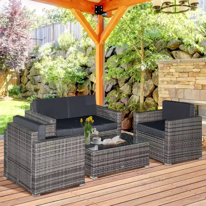 Set di mobili da giardino in vimini a 4 pezzi con cuscini, mobili da esterno componibili con 2 divani, divanetto e tavolino da caffè con ripiano in vetro, set divano da conversazione