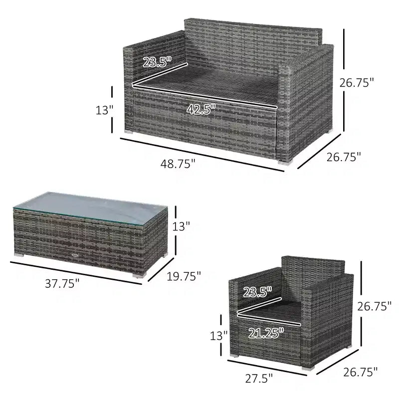 Set di mobili da giardino in vimini a 4 pezzi con cuscini, mobili da esterno componibili con 2 divani, divanetto e tavolino da caffè con ripiano in vetro, set divano da conversazione