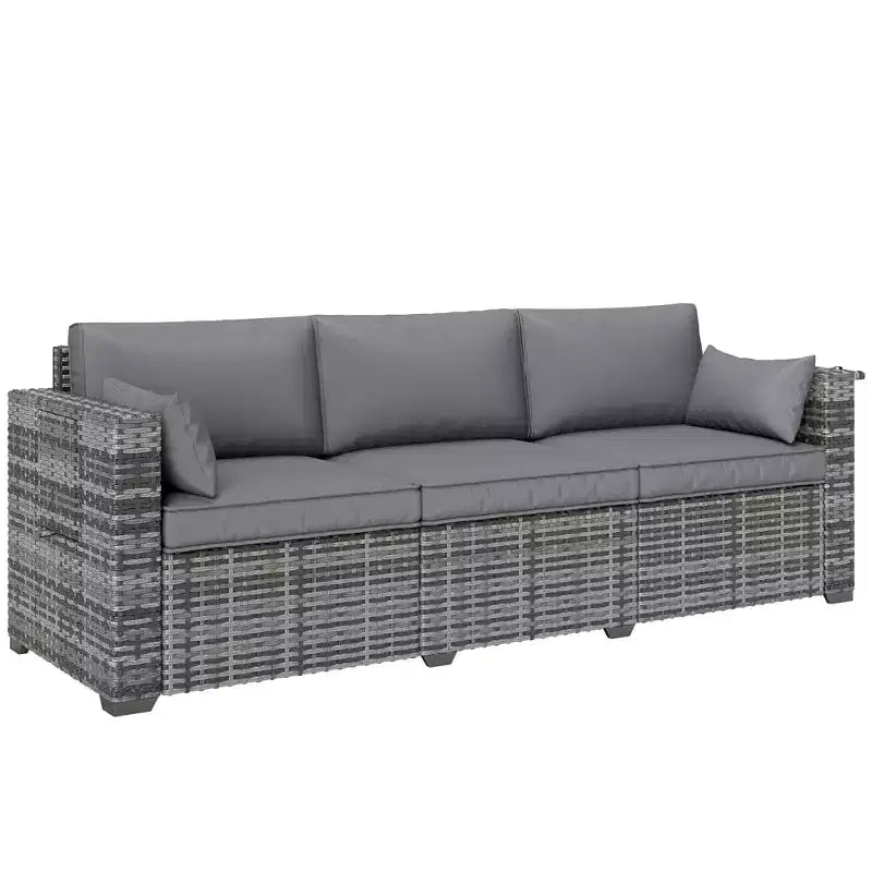 3 Seater Wicker Sofa with Side Trays, Outdoor Patio Couch with 6 Thick Back Cushions, Deep Seating