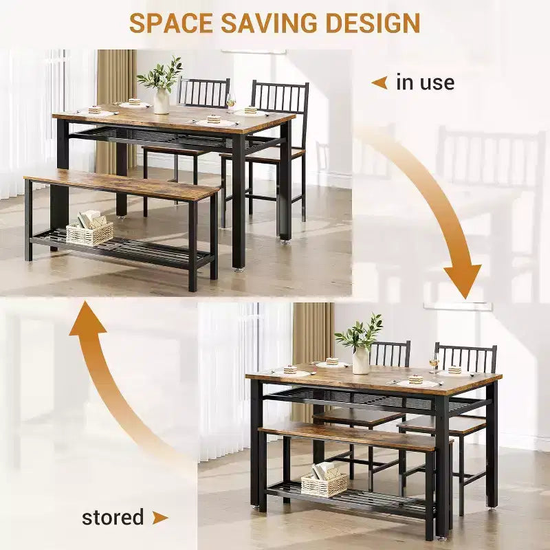 Set da 4 pezzi per tavolo da pranzo per 4 persone, tavolo da cucina in legno con 2 sedie e panca, set da tavolo da cucina rettangolare con ripiano portaoggetti per soggiorno
