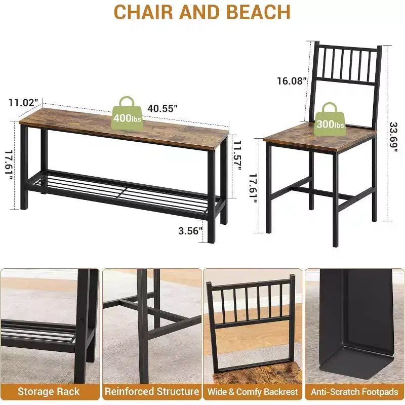 Set da 4 pezzi per tavolo da pranzo per 4 persone, tavolo da cucina in legno con 2 sedie e panca, set da tavolo da cucina rettangolare con ripiano portaoggetti per soggiorno
