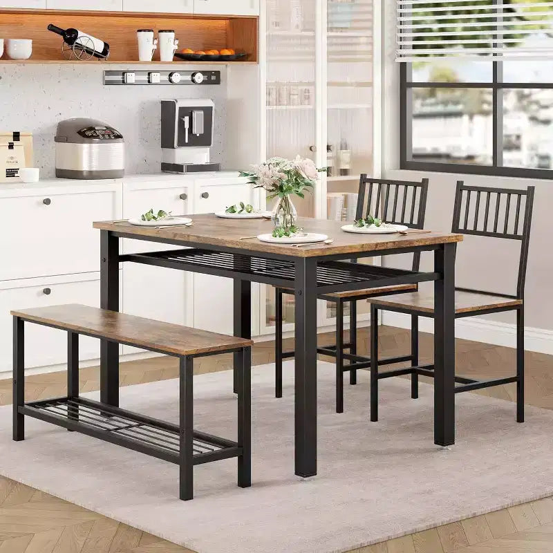 Set da 4 pezzi per tavolo da pranzo per 4 persone, tavolo da cucina in legno con 2 sedie e panca, set da tavolo da cucina rettangolare con ripiano portaoggetti per soggiorno