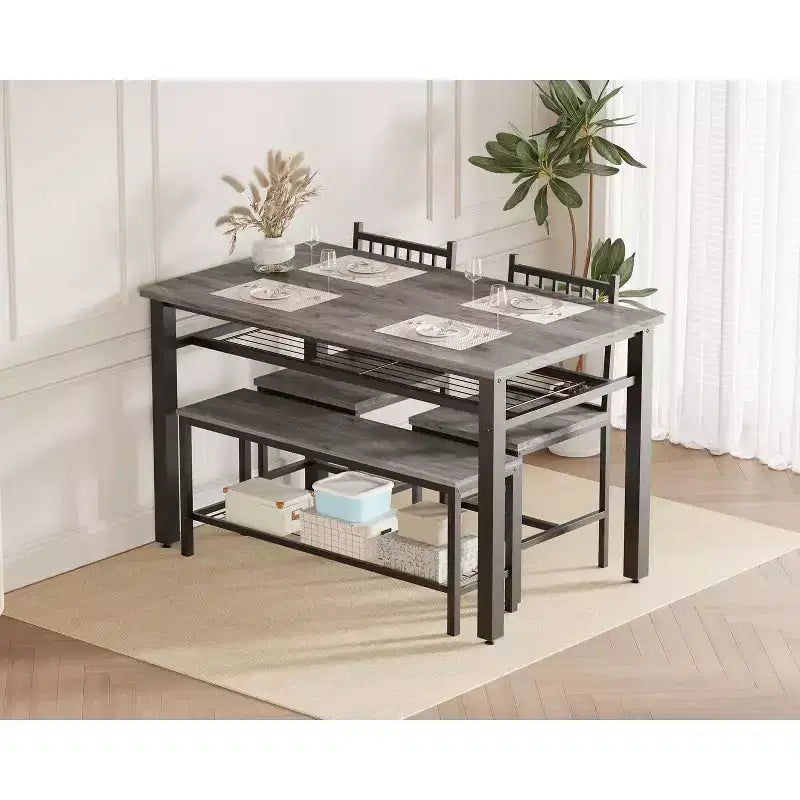 Set da 4 pezzi per tavolo da pranzo per 4 persone, tavolo da cucina in legno con 2 sedie e panca, set da tavolo da cucina rettangolare con ripiano portaoggetti per soggiorno
