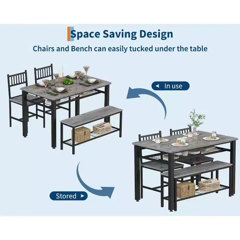 Set da 4 pezzi per tavolo da pranzo per 4 persone, tavolo da cucina in legno con 2 sedie e panca, set da tavolo da cucina rettangolare con ripiano portaoggetti per soggiorno