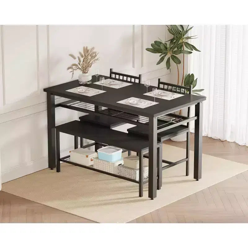 Set da 4 pezzi per tavolo da pranzo per 4 persone, tavolo da cucina in legno con 2 sedie e panca, set da tavolo da cucina rettangolare con ripiano portaoggetti per soggiorno