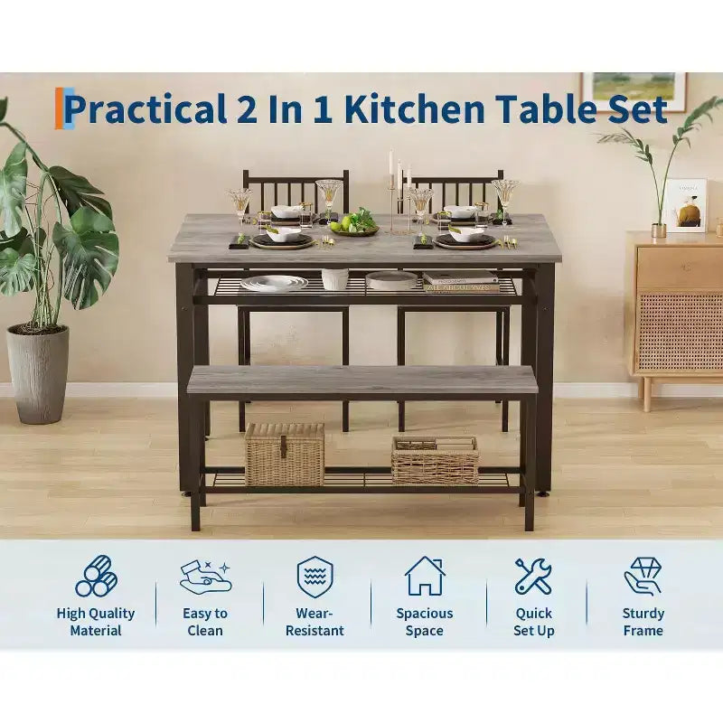 Set da 4 pezzi per tavolo da pranzo per 4 persone, tavolo da cucina in legno con 2 sedie e panca, set da tavolo da cucina rettangolare con ripiano portaoggetti per soggiorno