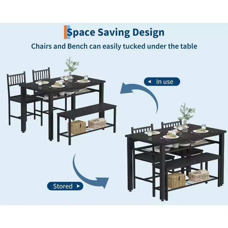 Set da 4 pezzi per tavolo da pranzo per 4 persone, tavolo da cucina in legno con 2 sedie e panca, set da tavolo da cucina rettangolare con ripiano portaoggetti per soggiorno