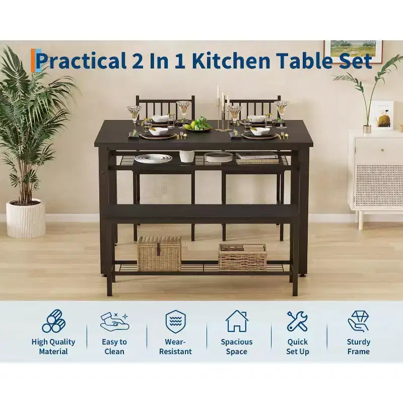 Set da 4 pezzi per tavolo da pranzo per 4 persone, tavolo da cucina in legno con 2 sedie e panca, set da tavolo da cucina rettangolare con ripiano portaoggetti per soggiorno