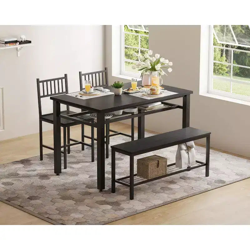 Set da 4 pezzi per tavolo da pranzo per 4 persone, tavolo da cucina in legno con 2 sedie e panca, set da tavolo da cucina rettangolare con ripiano portaoggetti per soggiorno