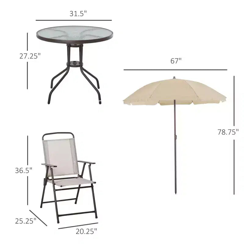Set da pranzo da patio da 6 pezzi per 4 persone con ombrellone, tavolo e sedie da esterno con 4 sedie da pranzo pieghevoli e tavolo rotondo in vetro