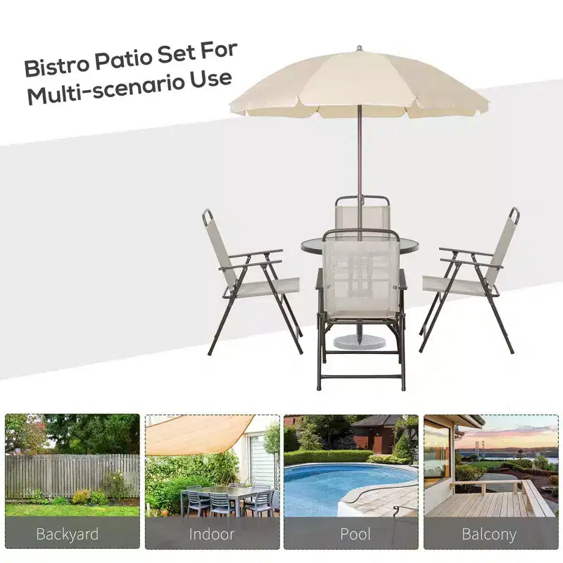 Set da pranzo da patio da 6 pezzi per 4 persone con ombrellone, tavolo e sedie da esterno con 4 sedie da pranzo pieghevoli e tavolo rotondo in vetro