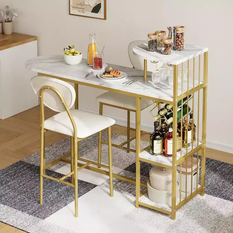 Set Tavolo da Pranzo per 2 Persone con Ripiano Portaoggetti e Portabottiglie, Adatto per Soggiorno o Camera da Letto