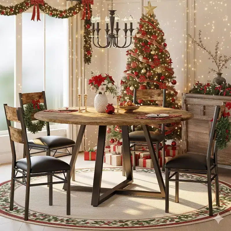 Round Dining Table Set for 4, 5 Piece Circle Wooden Kitchen Dinner Table & Chairs Set for 4, w/ 4 Unpholster Chairs, Sturdy Thick Frame