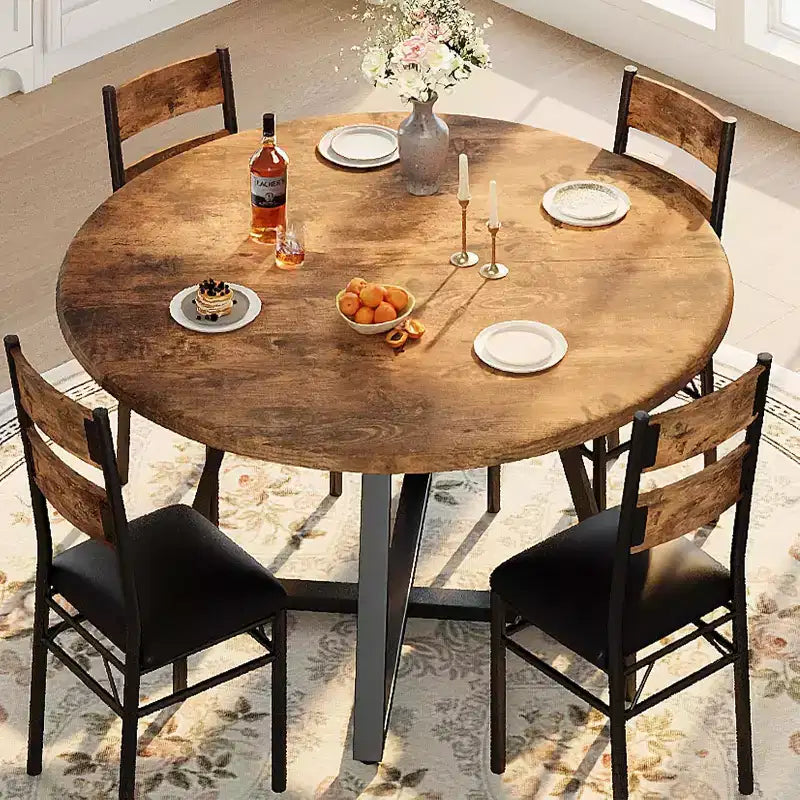 Set da pranzo rotondo per 4 persone, set da 5 pezzi con tavolo da cucina circolare in legno e sedie per 4 persone, con 4 sedie imbottite, struttura robusta e spessa