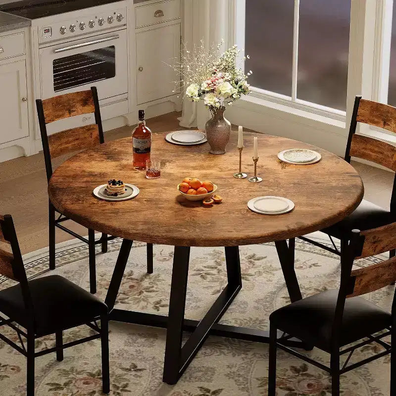 Set da pranzo rotondo per 4 persone, set da 5 pezzi con tavolo da cucina circolare in legno e sedie per 4 persone, con 4 sedie imbottite, struttura robusta e spessa