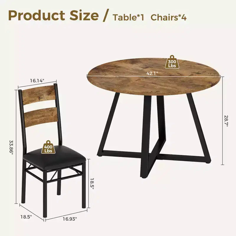 Set da pranzo rotondo per 4 persone, set da 5 pezzi con tavolo da cucina circolare in legno e sedie per 4 persone, con 4 sedie imbottite, struttura robusta e spessa