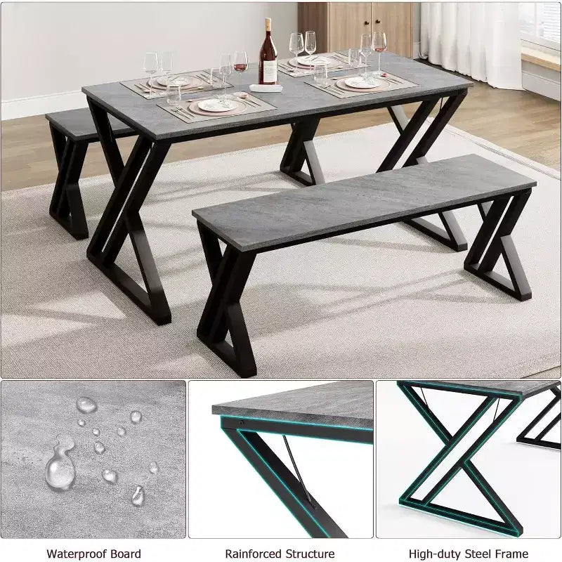 Set tavolo da pranzo per 4 con 2 panche, tavolo da cucina rettangolare, robusta struttura in metallo, salvaspazio per sala da pranzo, cucina, appartamento