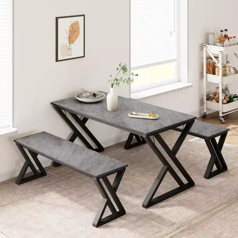 Set tavolo da pranzo per 4 con 2 panche, tavolo da cucina rettangolare, robusta struttura in metallo, salvaspazio per sala da pranzo, cucina, appartamento