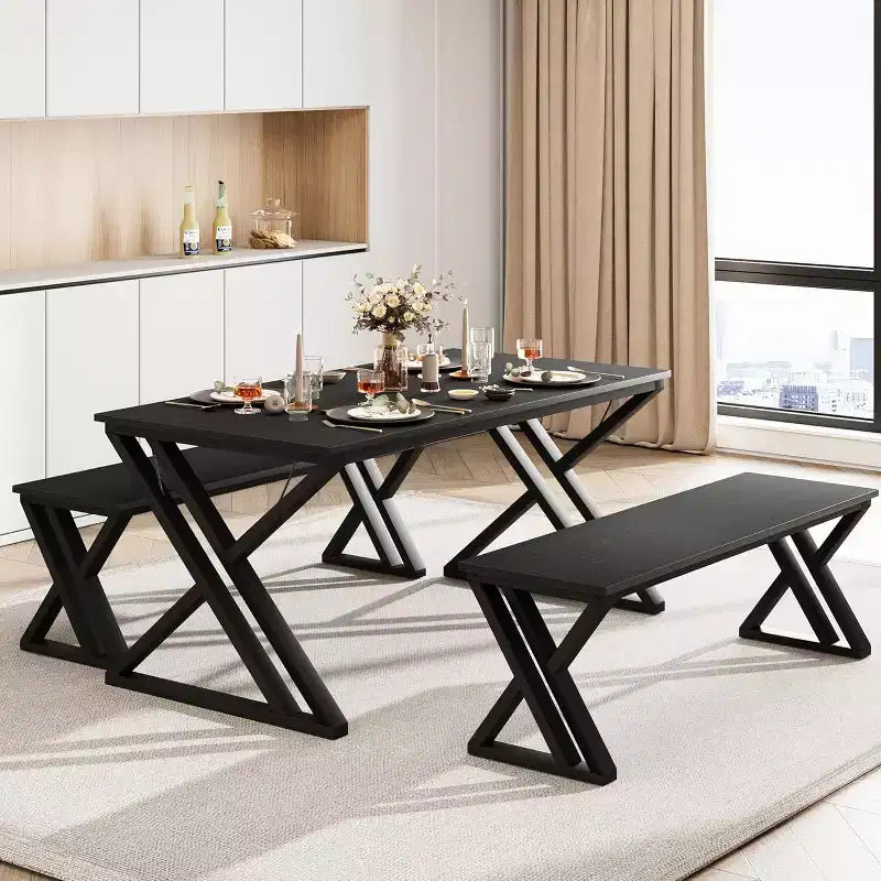 Dining Table Set for 4 with 2 Benches, Rectangular Kitchen Table, Sturdy Metal Frame, Space-Saving for Dining Room, Kitchen, Apartment