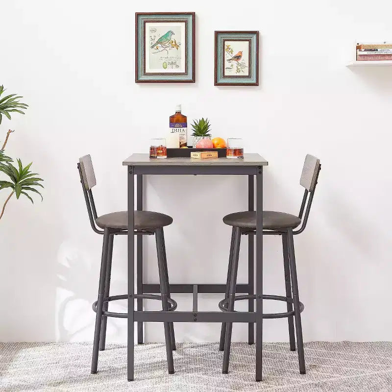 Set Tavolo Bar con 2 Sgabelli da Bar, Seduta e Schienale Morbidi in PU, Truciolato, per Bar, Casa, Ufficio o Soggiorno, Grigio, Taglia Unica