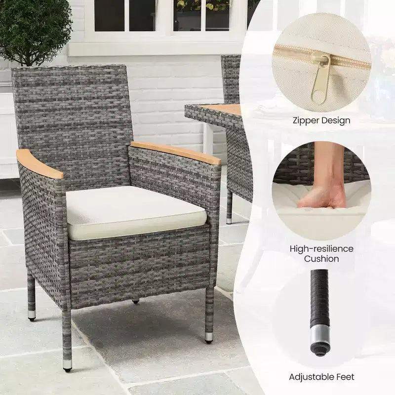 Set da pranzo da patio per 4, tavolo e sedie da esterno in rattan per tutte le stagioni con piano in legno di acacia