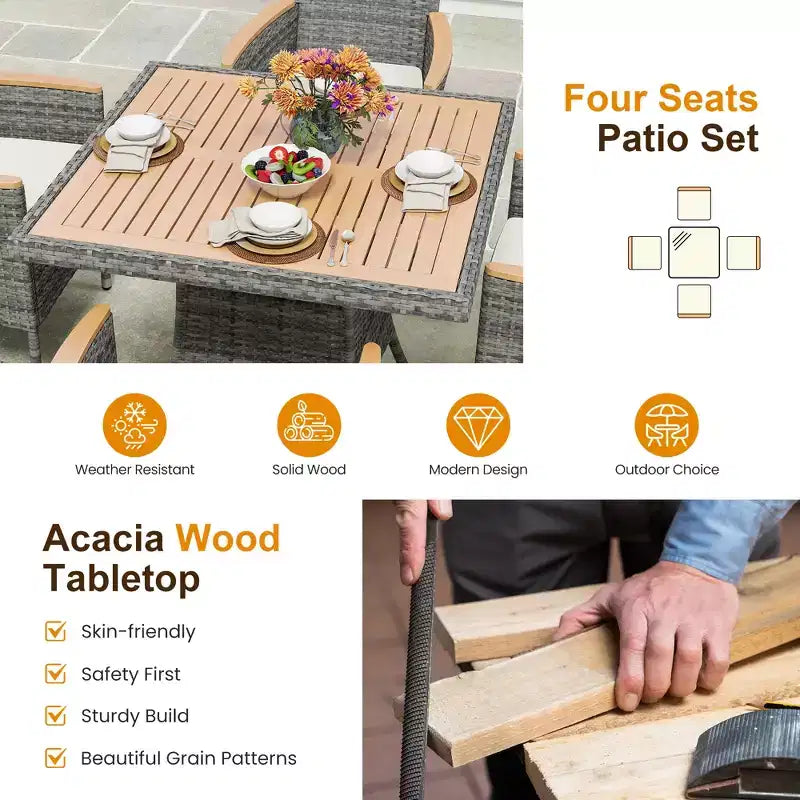 Set da pranzo da patio per 4, tavolo e sedie da esterno in rattan per tutte le stagioni con piano in legno di acacia