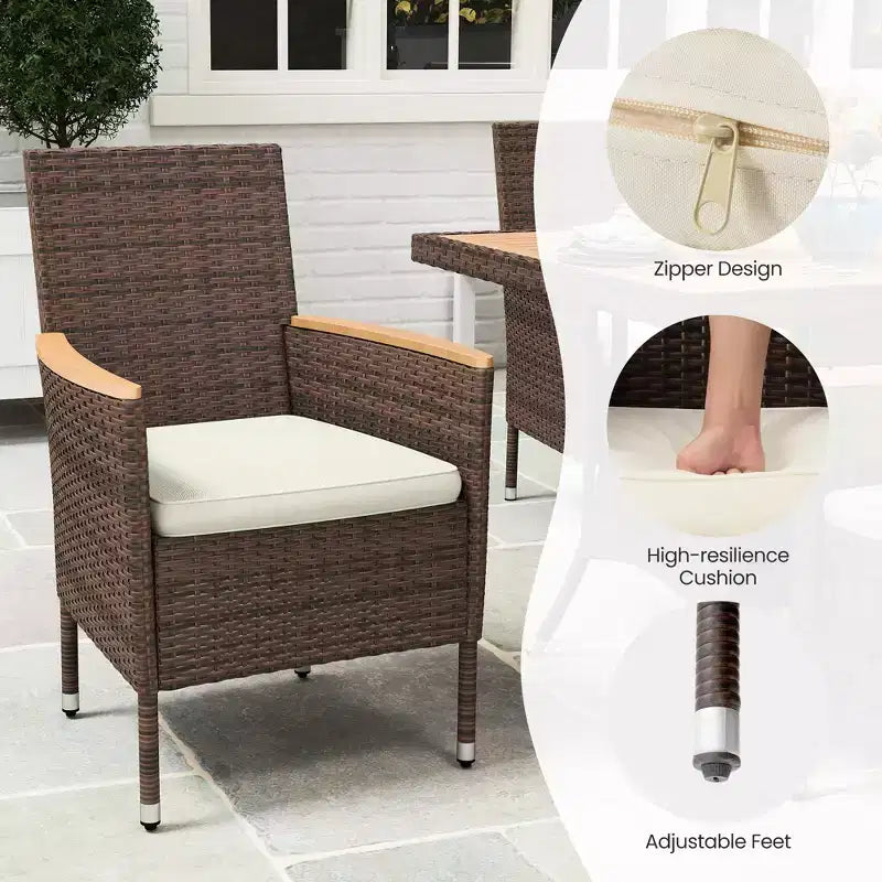 Set da pranzo da patio per 4, tavolo e sedie da esterno in rattan per tutte le stagioni con piano in legno di acacia