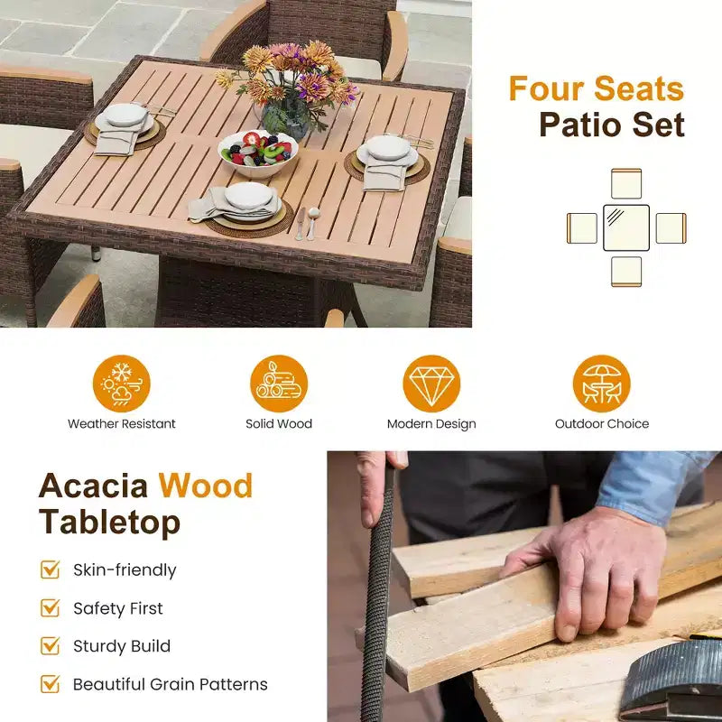 Set da pranzo da patio per 4, tavolo e sedie da esterno in rattan per tutte le stagioni con piano in legno di acacia