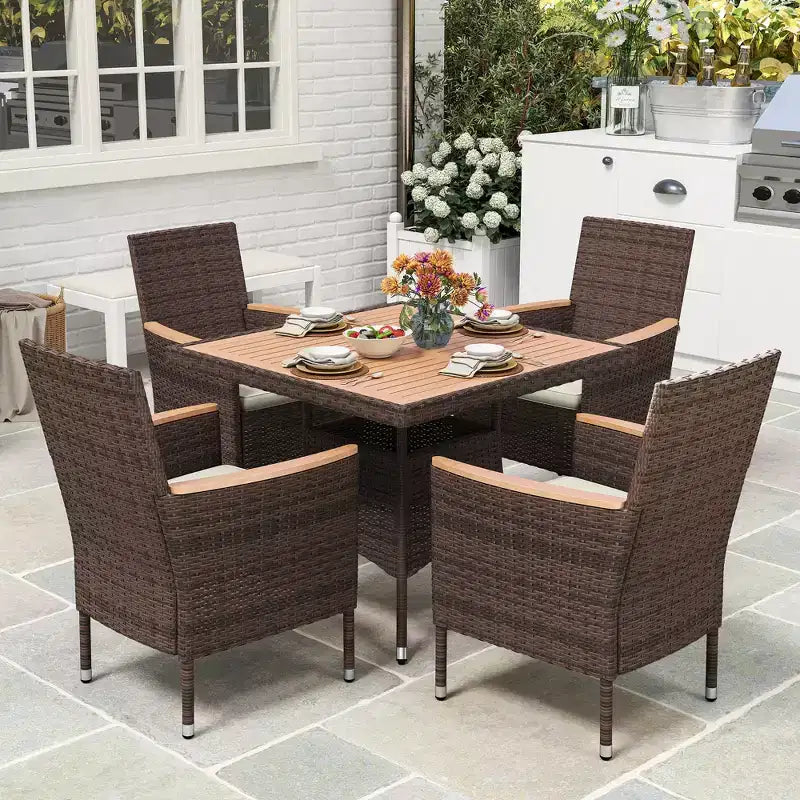Patio Dining Sets for 4, All Weather Rattan Outdoor Table and Chairs with Acacia Wood Tabletop