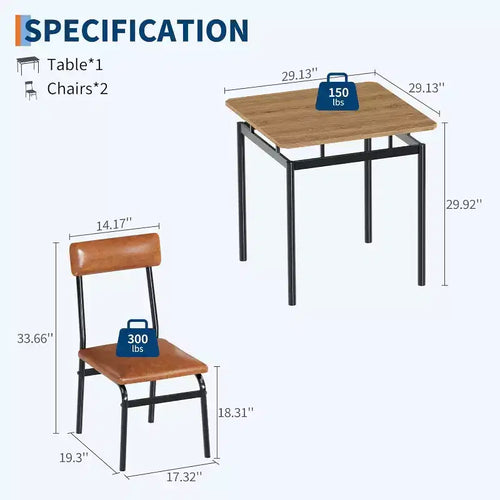 3-teiliges Ess-Set mit 2 gepolsterten Stühlen, Tisch- und Stuhlset mit Ton-Finish für Zuhause und Wohnung, platzsparendes Design mit leicht zu reinigender Oberfläche, Braun