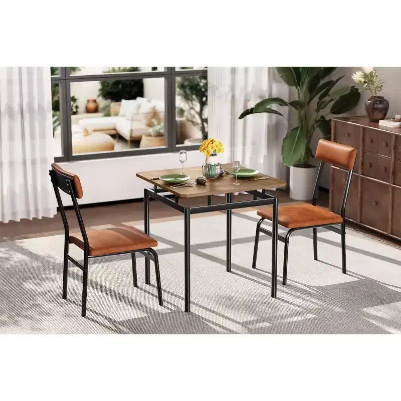 Set da pranzo 3 pezzi con 2 sedie imbottite, tavolo e sedie con finitura tono su tono per casa e appartamento, design salvaspazio con superficie facile da pulire, marrone