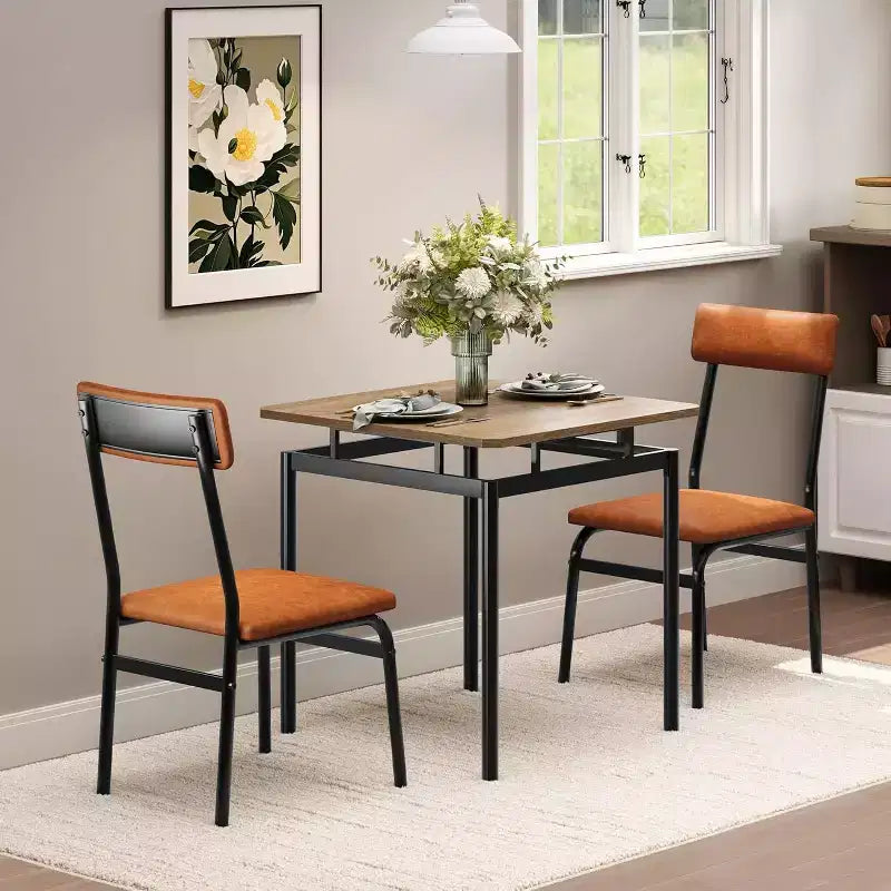Set da pranzo 3 pezzi con 2 sedie imbottite, tavolo e sedie con finitura tono su tono per casa e appartamento, design salvaspazio con superficie facile da pulire, marrone
