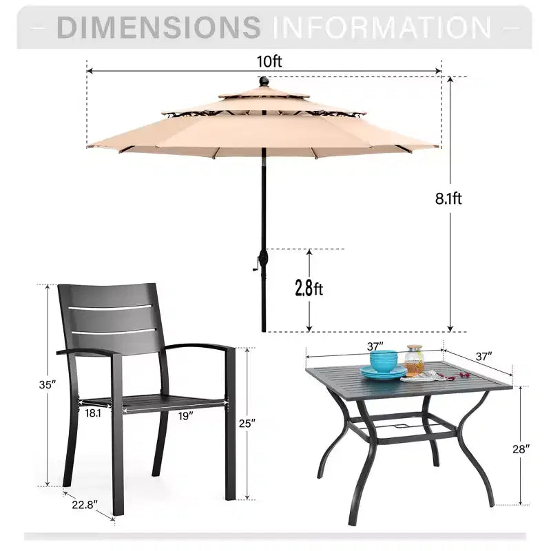 Captiva Designs Set 6 Pezzi Tavolo da Pranzo con Piano a Doghe in Acciaio & Sedie in Metallo con Schienale a Righe & Ombrellone da Giardino
