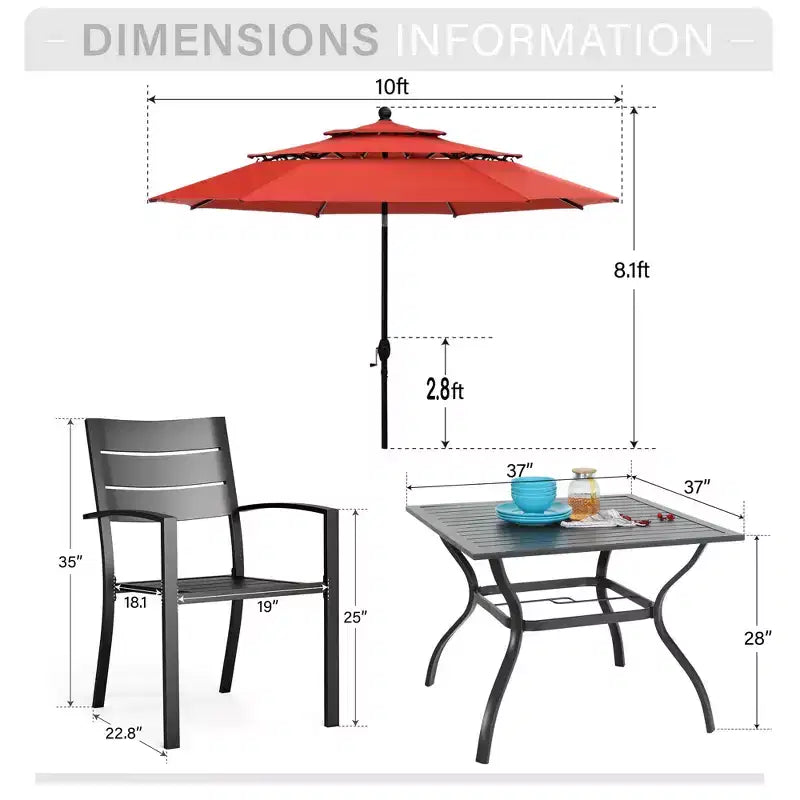 Captiva Designs Set 6 Pezzi Tavolo da Pranzo con Piano a Doghe in Acciaio & Sedie in Metallo con Schienale a Righe & Ombrellone da Giardino