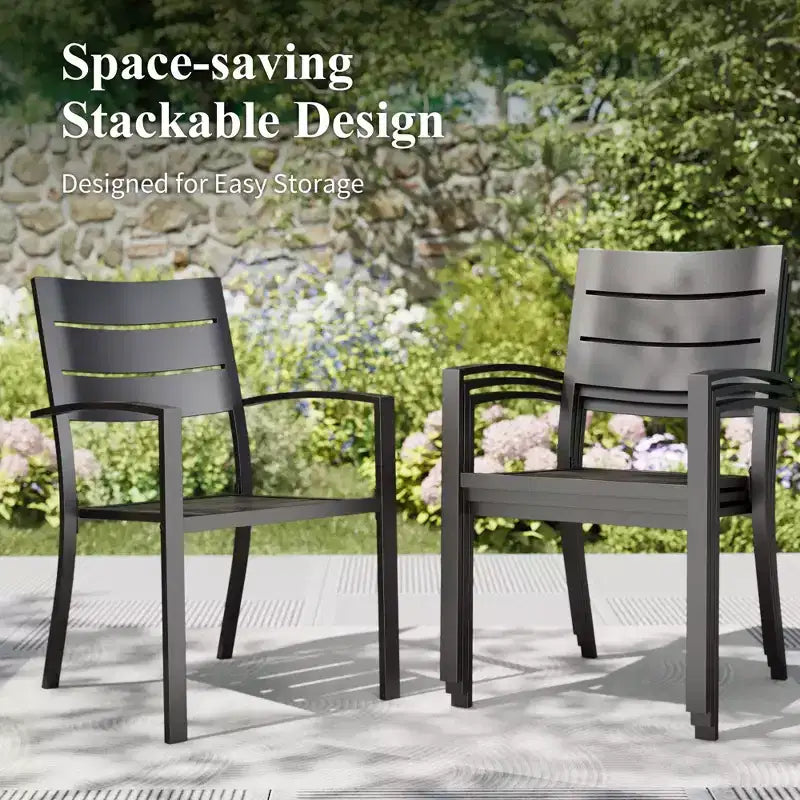 Captiva Designs Set 6 Pezzi Tavolo da Pranzo con Piano a Doghe in Acciaio & Sedie in Metallo con Schienale a Righe & Ombrellone da Giardino