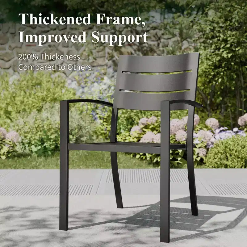 Captiva Designs Set 6 Pezzi Tavolo da Pranzo con Piano a Doghe in Acciaio & Sedie in Metallo con Schienale a Righe & Ombrellone da Giardino