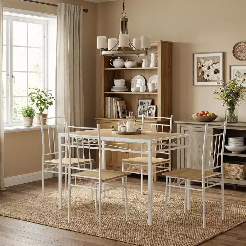 FurnitureR Set da Pranzo 5 Pezzi con 4 Sedie, Set da Cucina Salvaspazio, Struttura in Metallo e Piano in Legno, Facile da Pulire per Casa Ristorante Aula