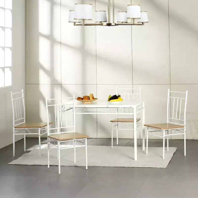 FurnitureR Set da Pranzo 5 Pezzi con 4 Sedie, Set da Cucina Salvaspazio, Struttura in Metallo e Piano in Legno, Facile da Pulire per Casa Ristorante Aula