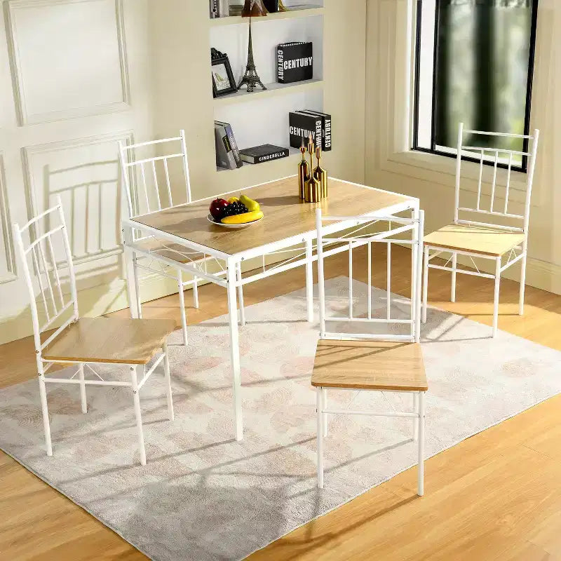 FurnitureR Set da Pranzo 5 Pezzi con 4 Sedie, Set da Cucina Salvaspazio, Struttura in Metallo e Piano in Legno, Facile da Pulire per Casa Ristorante Aula
